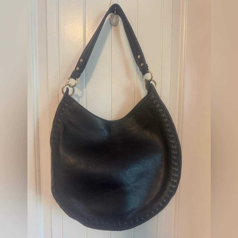 Boho Black Faux Leather Hobo Bag – Braided Trim, Gold Hardware, Slouchy Chic
